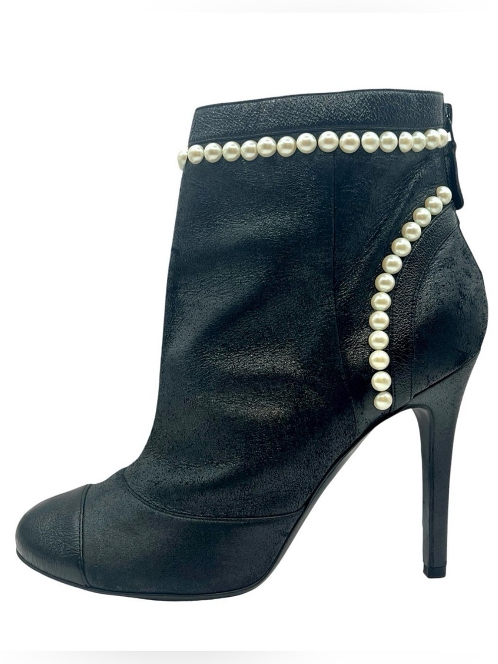 CHANEL Pearl Embellished Ankle Boots Black Leather EU 38 US 8